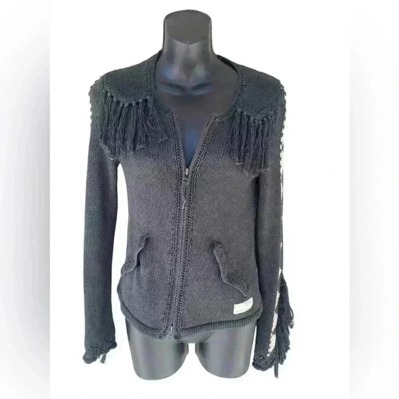 ODD MOLLY women’s charcoal gray knit fringe sweater pockets and from zip sz 0 - Picture 1 of 15